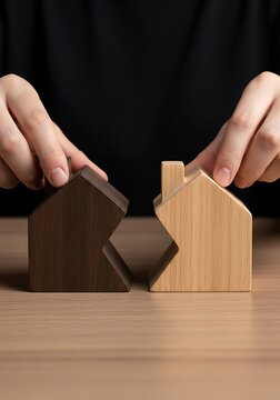 Hands pulling apart two wooden puzzle houses on a table