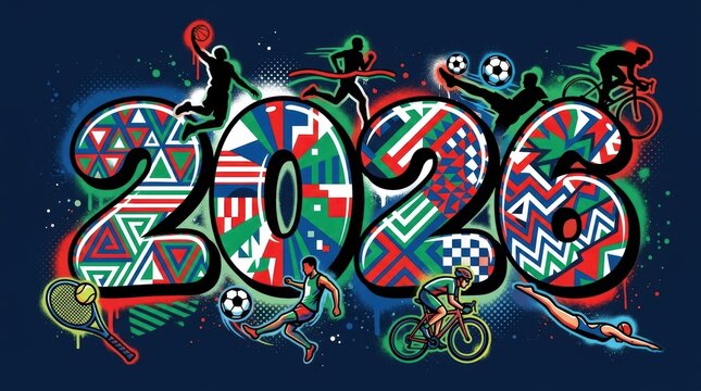 2026 sports event graphic with athletes silhouettes and colorful geometric patterns on a dark blue background
