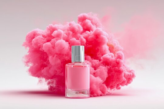 Square perfume bottle emerging from swirling pink smoke and vapor with fragrance