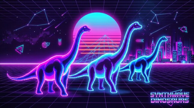 Retro synthwave style illustration featuring three longnecked dinosaurs walking against a neon sunset and city skyline