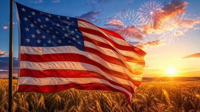 American flag in wheat field at sunset with fireworks celebration, patriotism, independence day holiday spirit, rural usa.