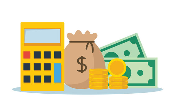 Calculator with dollar banknotes and stack of gold coins	
