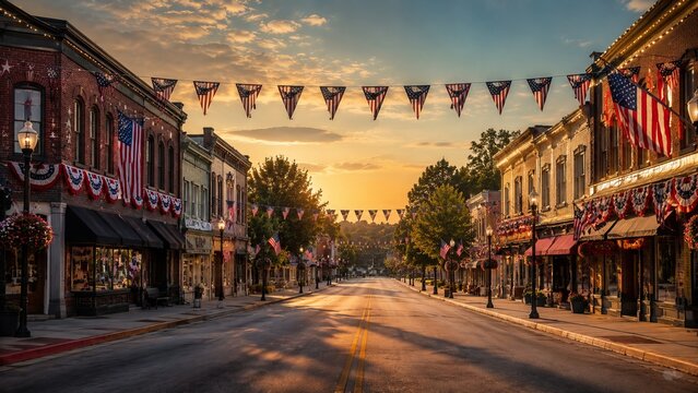 Charming small town main street decorated with american flags and bunting banners at sunset during fourth of july independence day celebration with golden light.