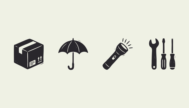 Hand drawn black silhouette icons of a box umbrella flashlight and tools