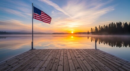 American flag waves from dock over calm lake with colorful sunrise reflecting on water and misty forest in background, tranquil morning scene.