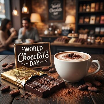 World chocolate day celebration with hot cocoa and dark belgian chocolate bar