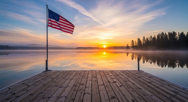 American flag waves from dock over calm lake with colorful sunrise reflecting on water and misty forest in background, tranquil morning scene.