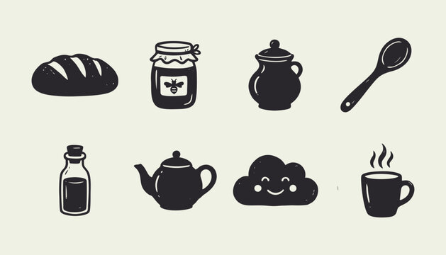 Set of Hand Drawn Silhouette Kitchen Icons with Bread Honey Teapot and Coffee Mug