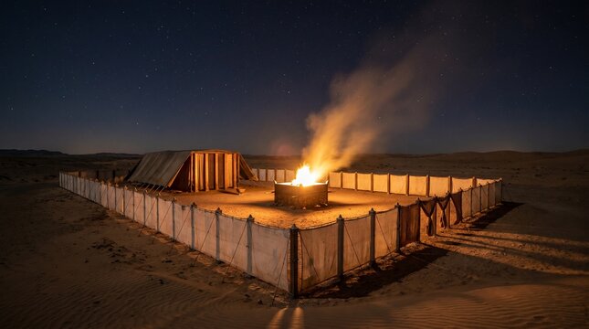 The biblical Tabernacle of Moses in the wilderness at night. Ancient Israelite sanctuary with a burning altar under a starry sky, Old Testament concept.