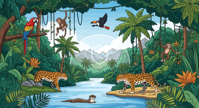 Vibrant Amazon Rainforest Scene with Wildlife, River, and Mountains
