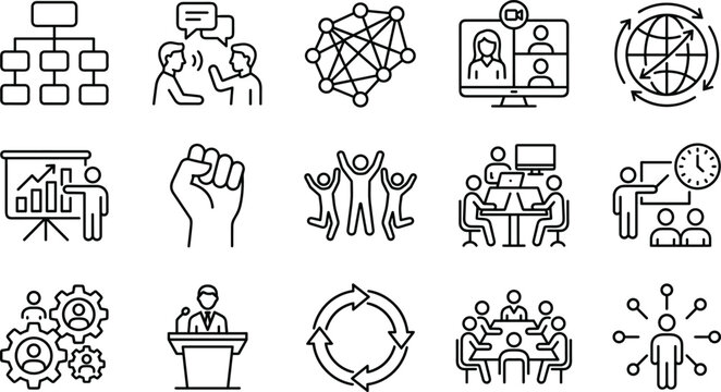 Business Teamwork and Corporate Collaboration Line Icon Set Featuring Virtual Meetings Leadership Presentation Success and Global Management Symbols