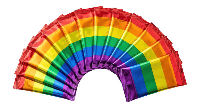 Fan of rainbowcolored snack or candy packets arranged in a semicircle isolated on transparent background