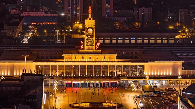 Changsha Railway Station Illuminated at Night in Hunan China in Changsha Railway Station, Hunan, China