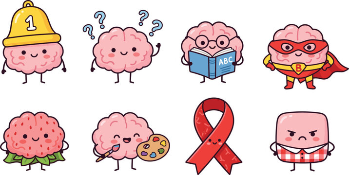 Cute Brain Character Set Featuring Superhero Reading Creative Artist and Red Ribbon Concepts for Mental Health Awareness Education and Kids Medical Stickers