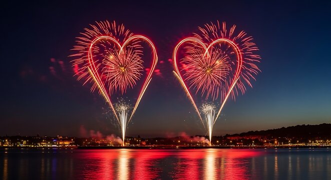 Two red heart shaped fireworks over water at night with city lights