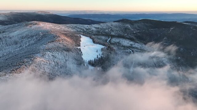 Winter Sunrise Aerial Forward Flight Above Clouds Barania Hall