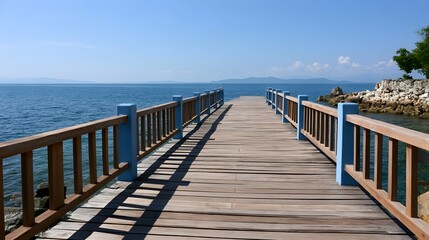 Obraz premium A long wooden walkway with blue railings extends over calm water under a bright clear summer sky