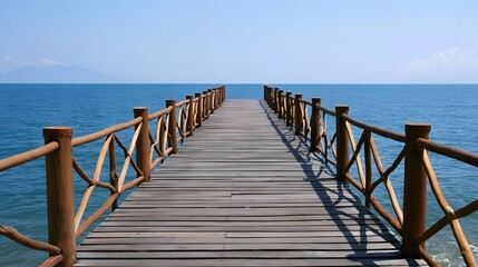 Obraz premium A wooden walkway extends over the calm sea creating a beautiful and tranquil coastal landscape under bright daylight