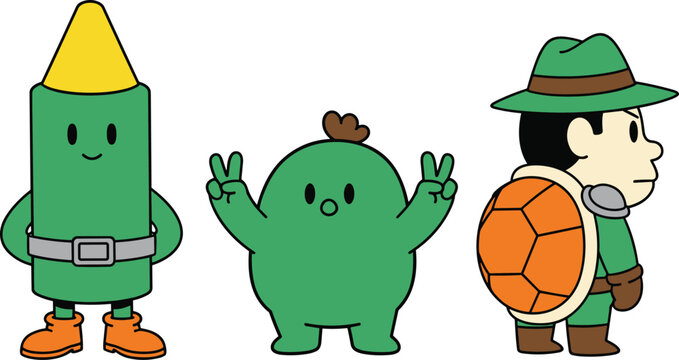 Cute Cartoon Crayon Cactus and Turtle Warrior Character Set with Green Mascots Showing Peace Sign for Kids Gaming Apps and Sticker Designs