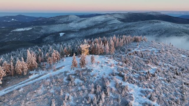 Barania Gora Observation Tower Sunrise Aerial Pull Away