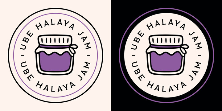 Ube halaya jam logo purple yam flavor label round sticker for filipino dessert in glass jar packaging design. Natural homemade spread cute vintage aesthetic black outline drawing illustration print.