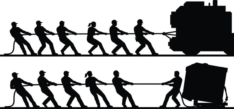 Team Pulling Heavy Vehicle and Cargo Container Silhouette Illustration Representing Teamwork Strength and Industrial Logistics Concept