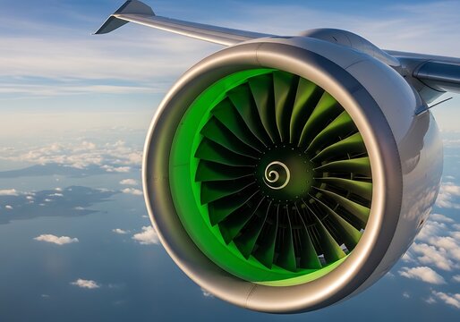 Closeup of airplane jet engine with green interior in flight