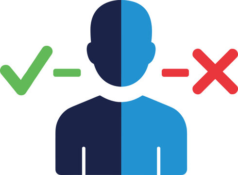 A person divided in half blue and dark blue with a checkmark and an x mark on a transparent background.