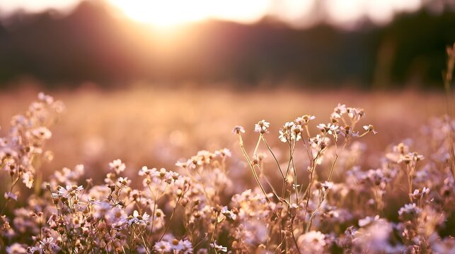 A tranquil field of wildflowers is bathed in warm golden hour sunlight creating a beautiful and serene natural landscape