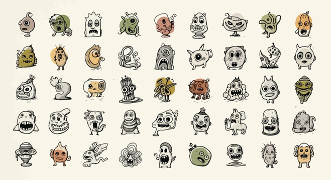 Hand drawn monster doodle icons, set of 45 quirky creature characters, vintage cartoon mascot illustrations, whimsical alien and ghost vector stickers