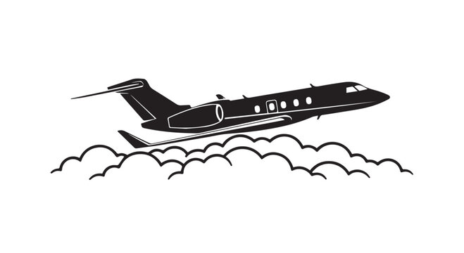 Private jet flying above clouds vector silhouette business airplane illustration