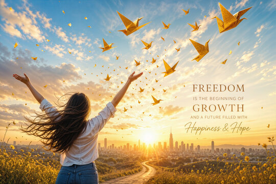 Freedom and personal growth golden origami birds soaring into bright future happiness hope woman releasing birds at sunset symbolic transformation and hope-filled skyline journey