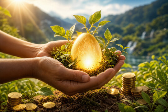 Glowing golden egg nurtured in hands with young plant and moss symbolizing growth wealth investment and sustainable prosperity in nature conservation concept