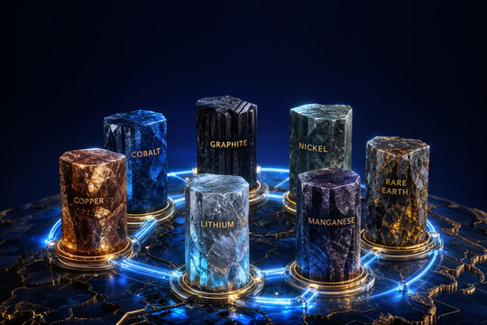 G7 summit critical minerals pillars representing copper cobalt lithium graphite nickel manganese rare earth with neon supply chain corridors resource nationalism economic protectionism