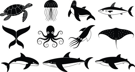 Obraz premium Set of twelve black and white minimalist marine life icons featuring ocean animals and fish