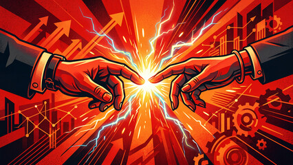 Fototapeta premium Business partnership concept with two hands touching creating a powerful electric energy spark