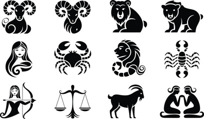 Fototapeta premium Set of twelve black and white zodiac symbols for astrology horoscopes and mystical designs
