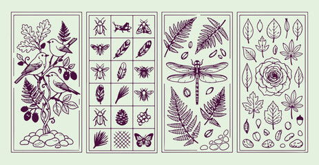 forest insect collection, minimal nature set, monoline butterfly graphics, clean plant symbols, modern wing elements, isolated bug art, vector art collection  © Geetaroy
