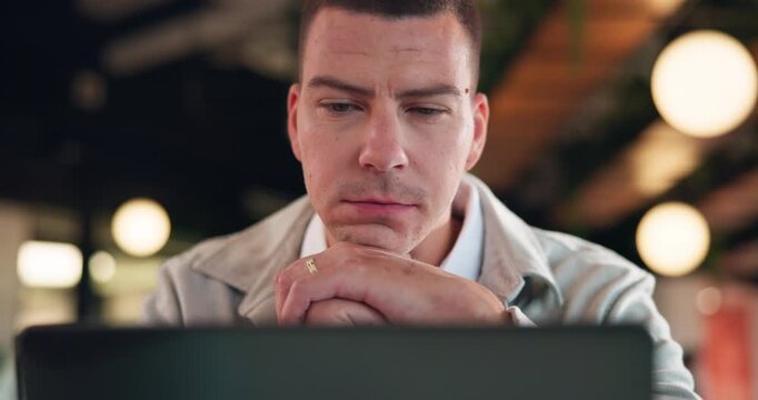 Reading, laptop and thinking with business man in office for search, public relations statement and editor. Online review, media report and reflection with employee in pr agency for creative campaign
