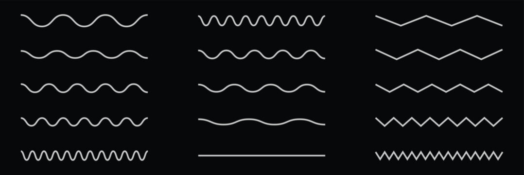 Wave line and wavy zigzag pattern lines. Vector black underlines, smooth end squiggly horizontal curvy squiggles. Wave line and wavy zigzag lines. Black underlines wavy curve zig zag line pattern . 