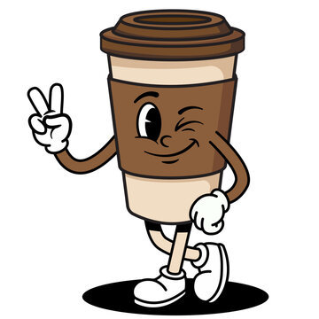 Groovy Retro Coffee Cup Character Winking and Giving Peace Sign, Fun Cute Cartoon Illustration of Cool Cheerful Coffee Cup with Victory Gesture in Vintage Groovy Style