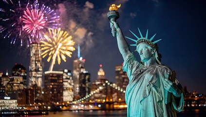 Fototapeta premium Statue of Liberty with fireworks display over city skyline at night