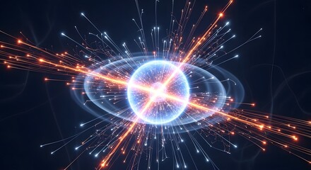 Obraz premium Glowing Atomic Particle Explosion in Dark Space