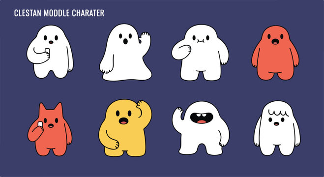 Minimalist Clestan noodle character set, cute blob monster mascot collection in white red and yellow, playful cartoon creature vector icons