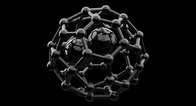 Buckminsterfullerene molecule structure on black background