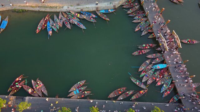 Aerial panoramic view of Hoi An city, Da Nang province, Vietnam. Panoramic footage of Hoian ancient town, UNESCO world heritage. One of the most travel popular touristic destinations 