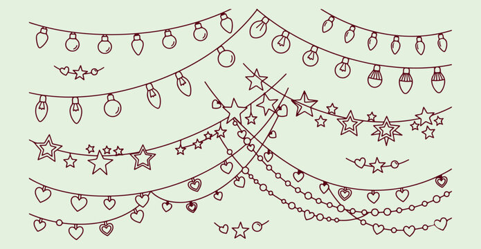 festive string lights, hanging holiday lanterns, decorative party lighting, celebration garland icons, christmas fairy lights, event lighting set, isolated vector graphics
