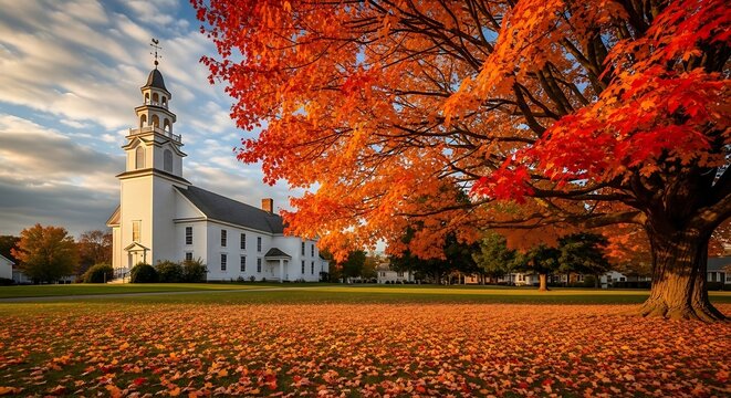 Beautiful white colonial church surrounded by vibrant autumn foliage in New England