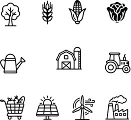 Agriculture and farming outline icon vector set with tree wheat corn tractor barn solar energy and factory symbolsAgriculture and farming outline icon vector set with tree wheat corn tractor barn sola © Snowar