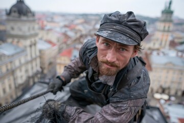 Fototapeta premium Chimney sweep working on rooftop with city view
